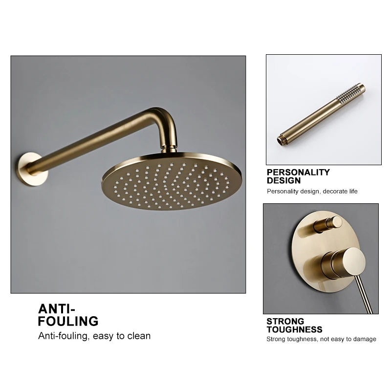 Brushed Gold Shower System Set Shower Mixer 8-12 Inch Rainfall Wall Mounted Hot And Cold Diverter Ways Bathroom Tap