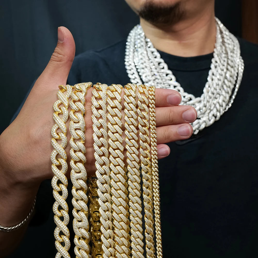 6mm-16mm Width Cuban Link 925 Sterling Silver Gold Plated Full of Iced Out Moissanite Hiphop Necklace  Cuban Chain for Rapper
