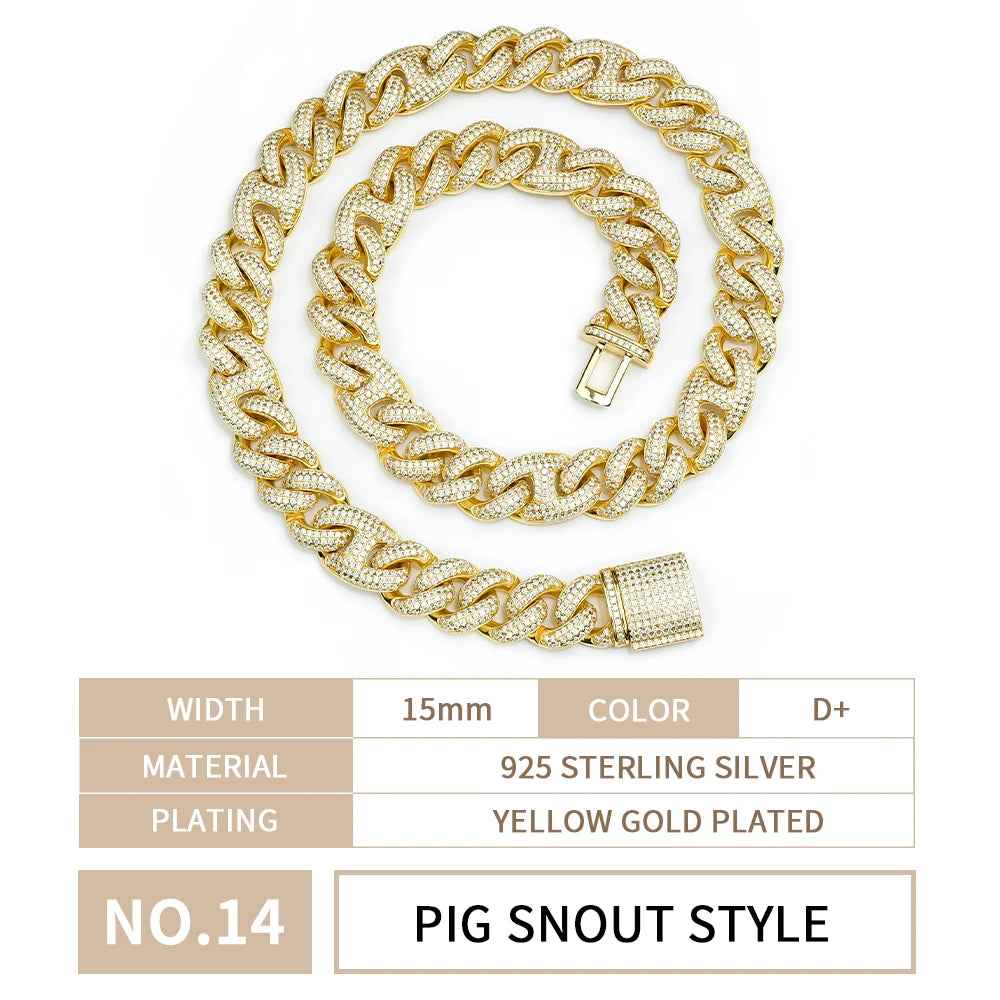 6mm-16mm Width Cuban Link 925 Sterling Silver Gold Plated Full of Iced Out Moissanite Hiphop Necklace  Cuban Chain for Rapper