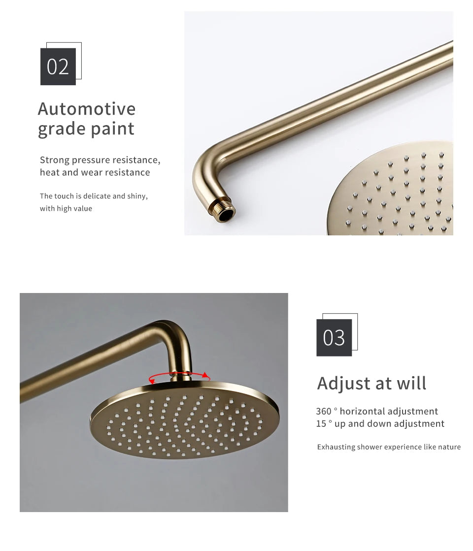 Brushed Gold Shower System Set Shower Mixer 8-12 Inch Rainfall Wall Mounted Hot And Cold Diverter Ways Bathroom Tap