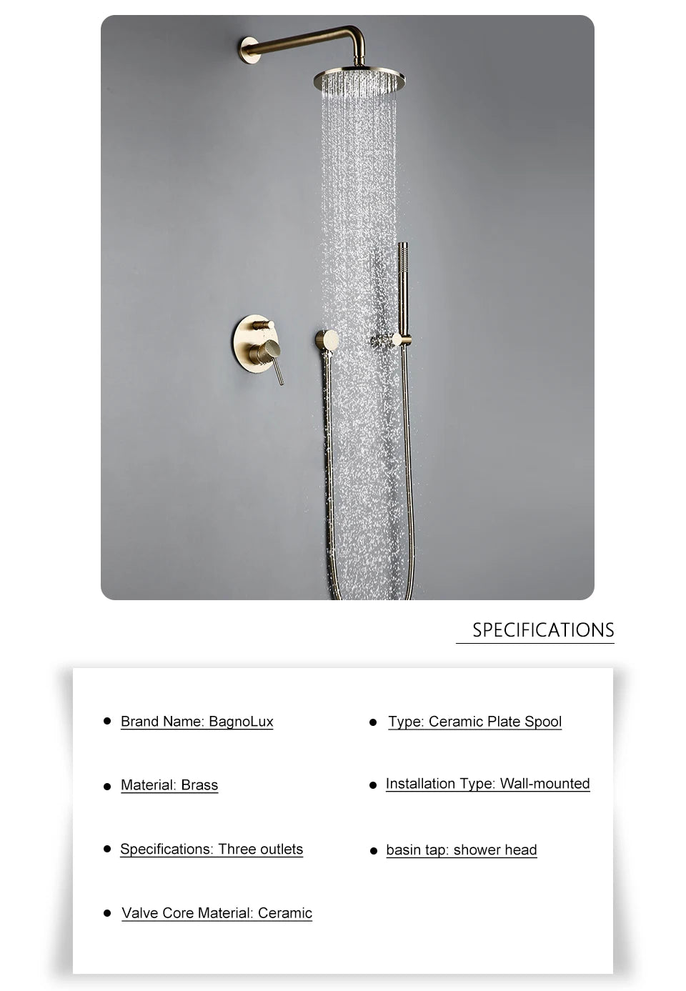 Brushed Gold Shower System Set Shower Mixer 8-12 Inch Rainfall Wall Mounted Hot And Cold Diverter Ways Bathroom Tap