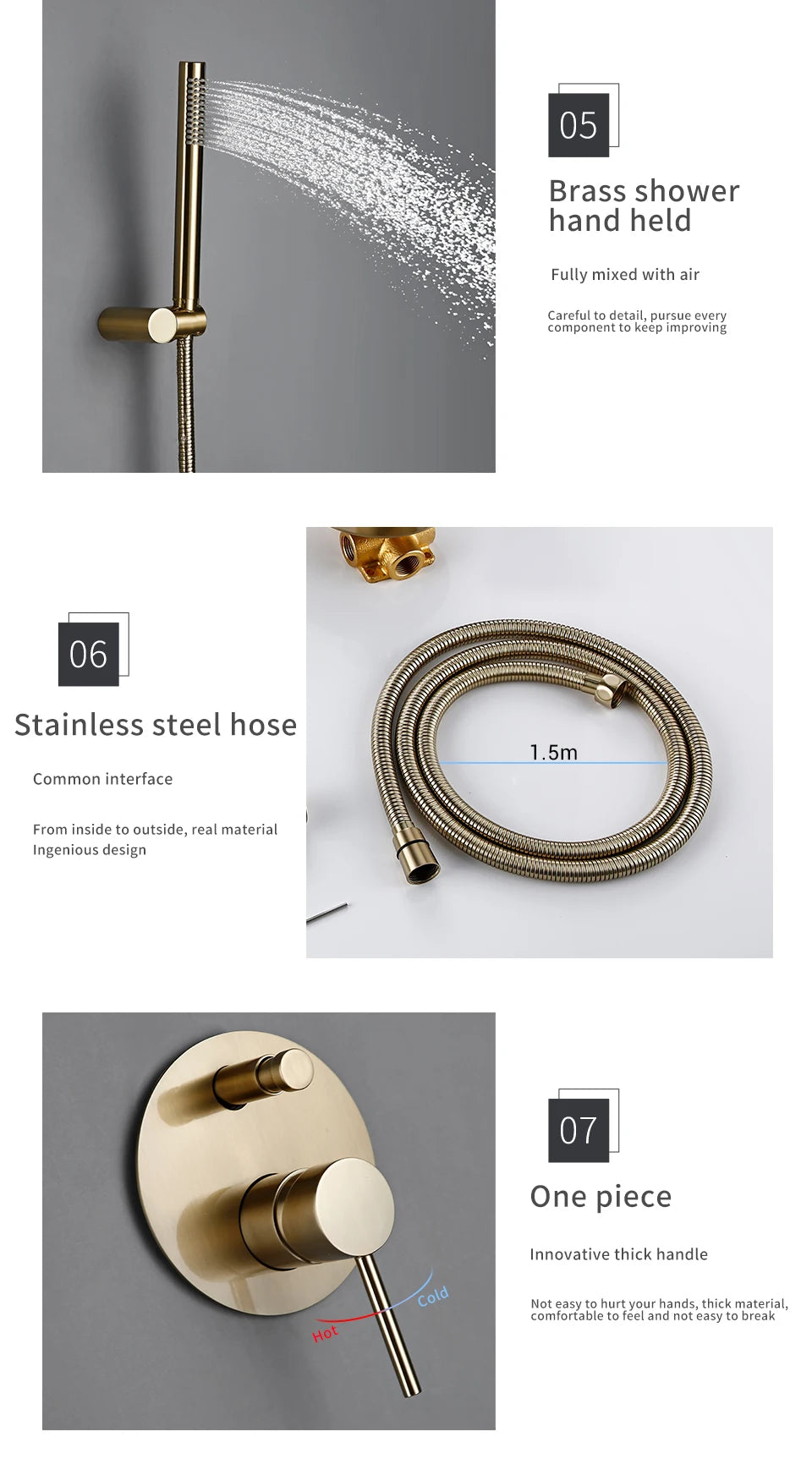 Brushed Gold Shower System Set Shower Mixer 8-12 Inch Rainfall Wall Mounted Hot And Cold Diverter Ways Bathroom Tap