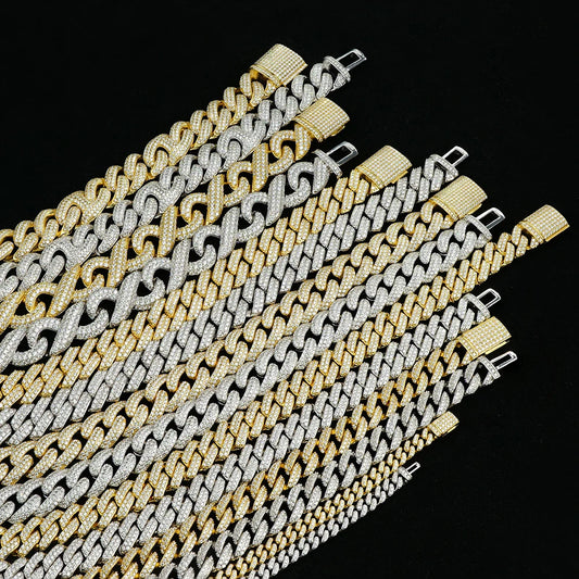 6mm-16mm Width Cuban Link 925 Sterling Silver Gold Plated Full of Iced Out Moissanite Hiphop Necklace  Cuban Chain for Rapper