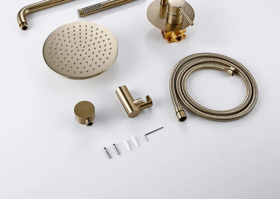 Brushed Gold Shower System Set Shower Mixer 8-12 Inch Rainfall Wall Mounted Hot And Cold Diverter Ways Bathroom Tap