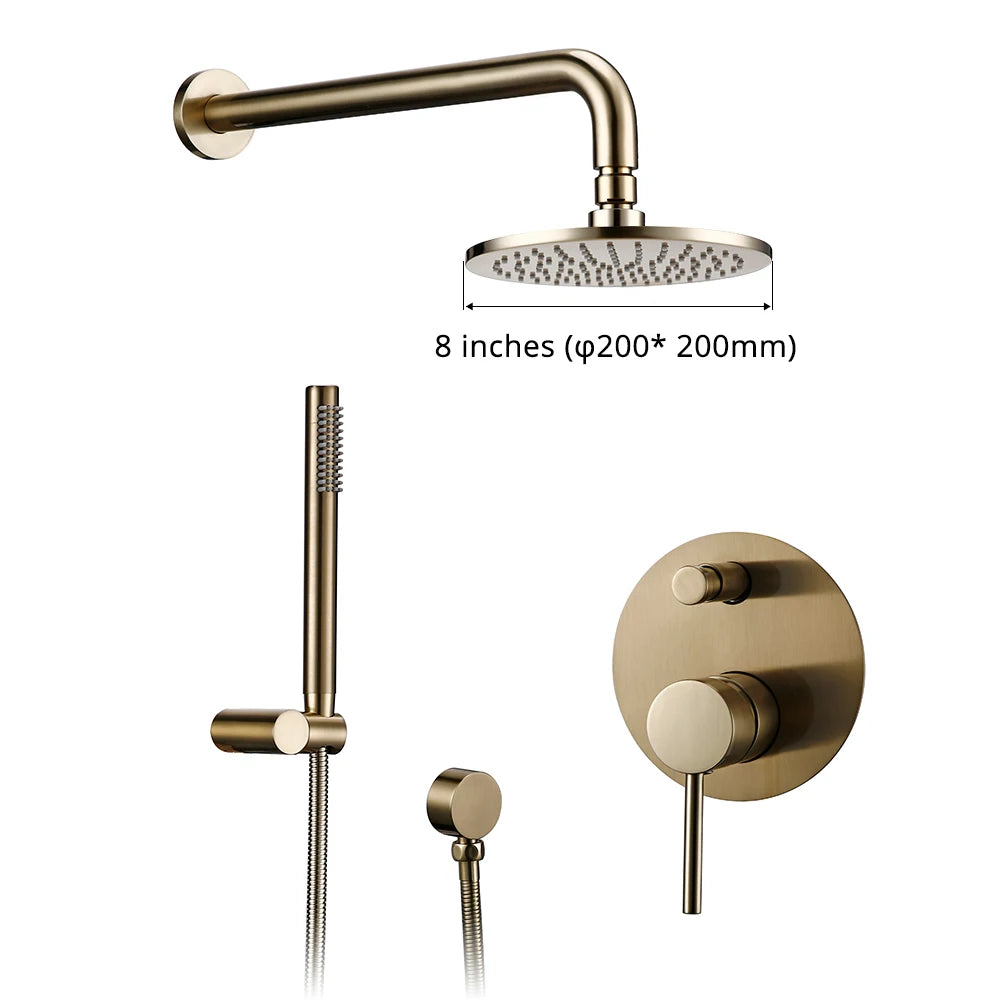 Brushed Gold Shower System Set Shower Mixer 8-12 Inch Rainfall Wall Mounted Hot And Cold Diverter Ways Bathroom Tap