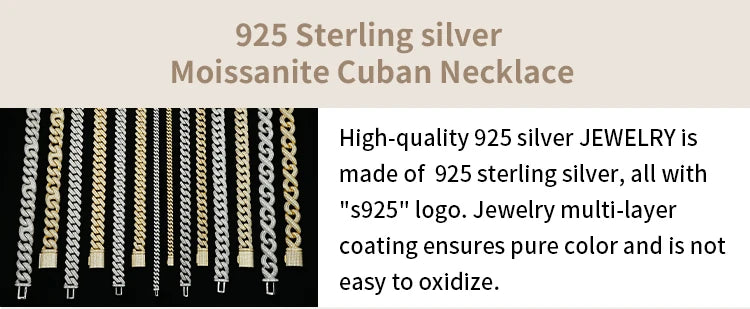 6mm-16mm Width Cuban Link 925 Sterling Silver Gold Plated Full of Iced Out Moissanite Hiphop Necklace  Cuban Chain for Rapper