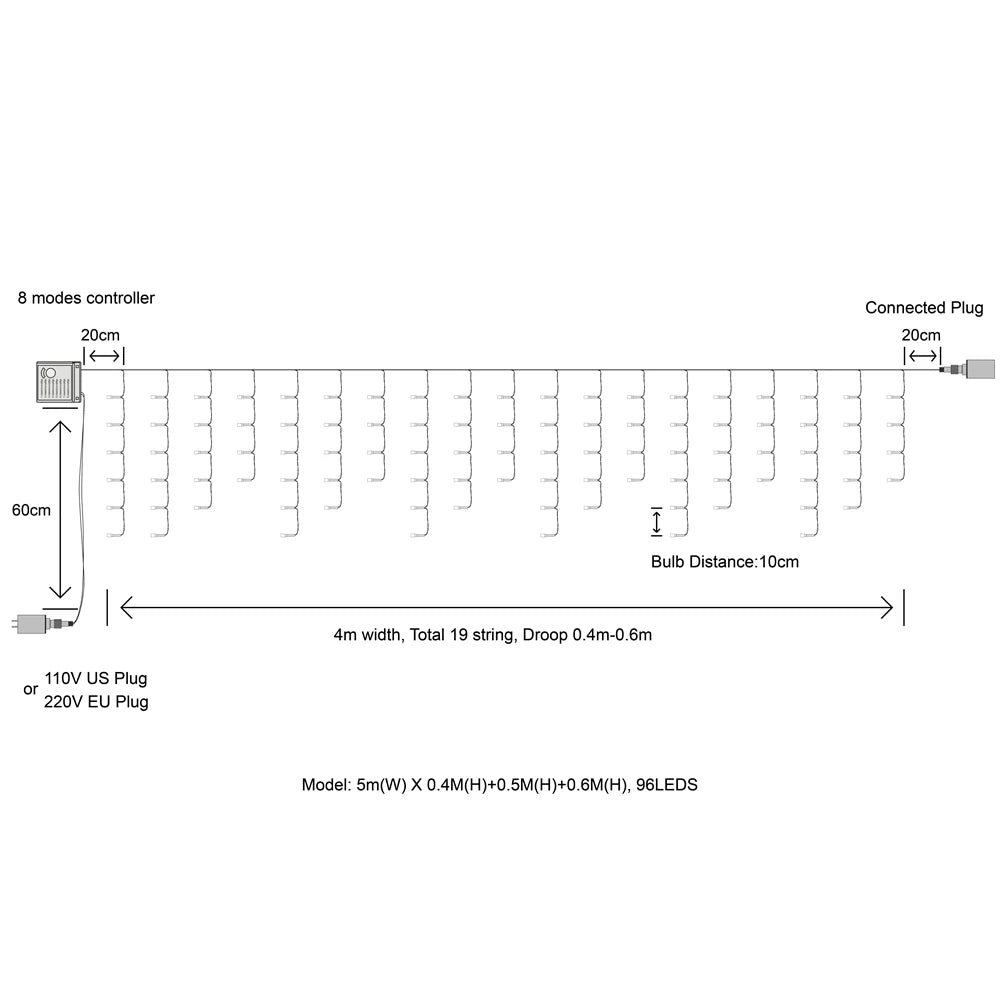 Christmas lights waterfall outdoor decoration 5M droop 0.4-0.6m led lights curtain string lights party garden eaves decoration