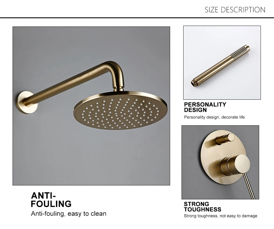 Brushed Gold Shower System Set Shower Mixer 8-12 Inch Rainfall Wall Mounted Hot And Cold Diverter Ways Bathroom Tap