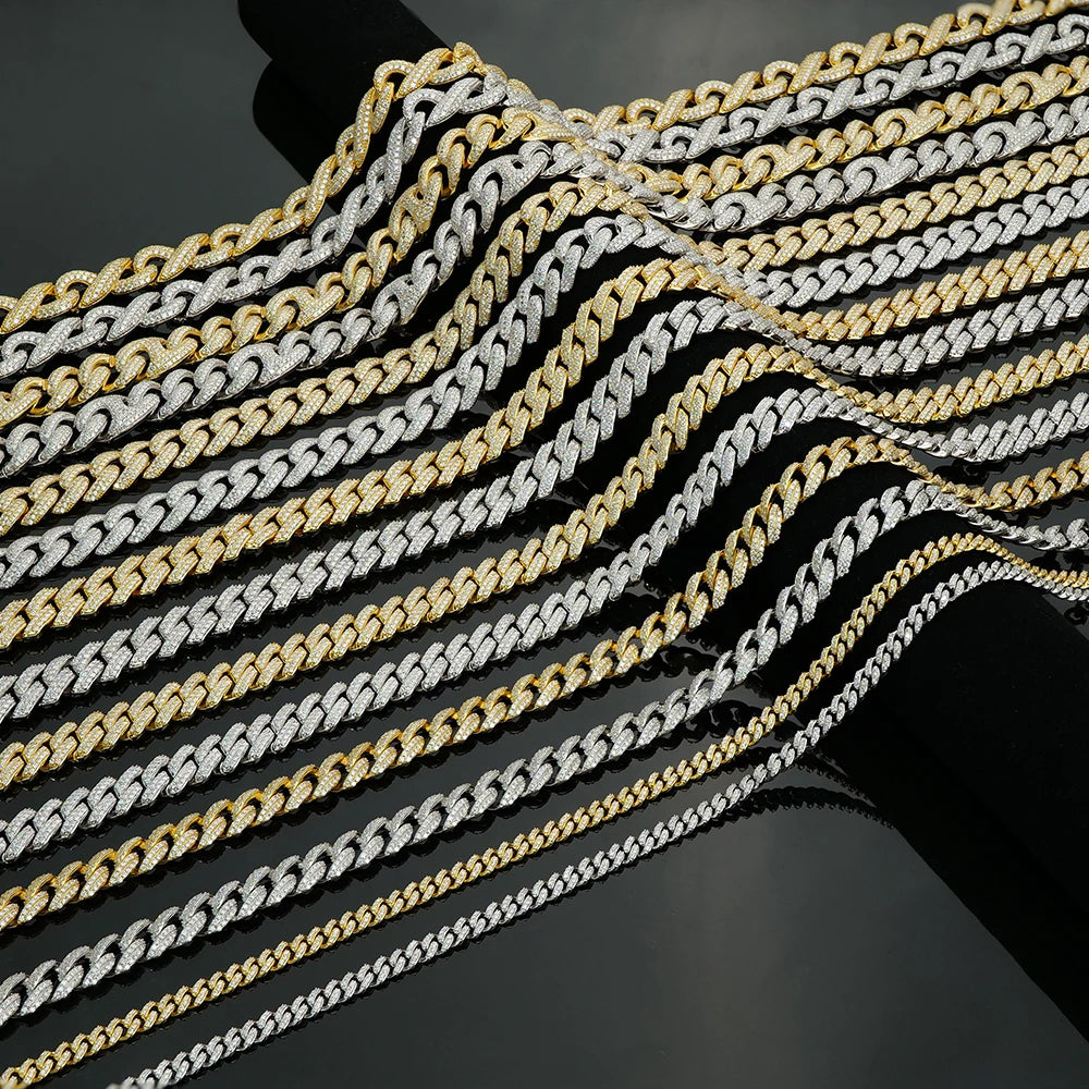 6mm-16mm Width Cuban Link 925 Sterling Silver Gold Plated Full of Iced Out Moissanite Hiphop Necklace  Cuban Chain for Rapper