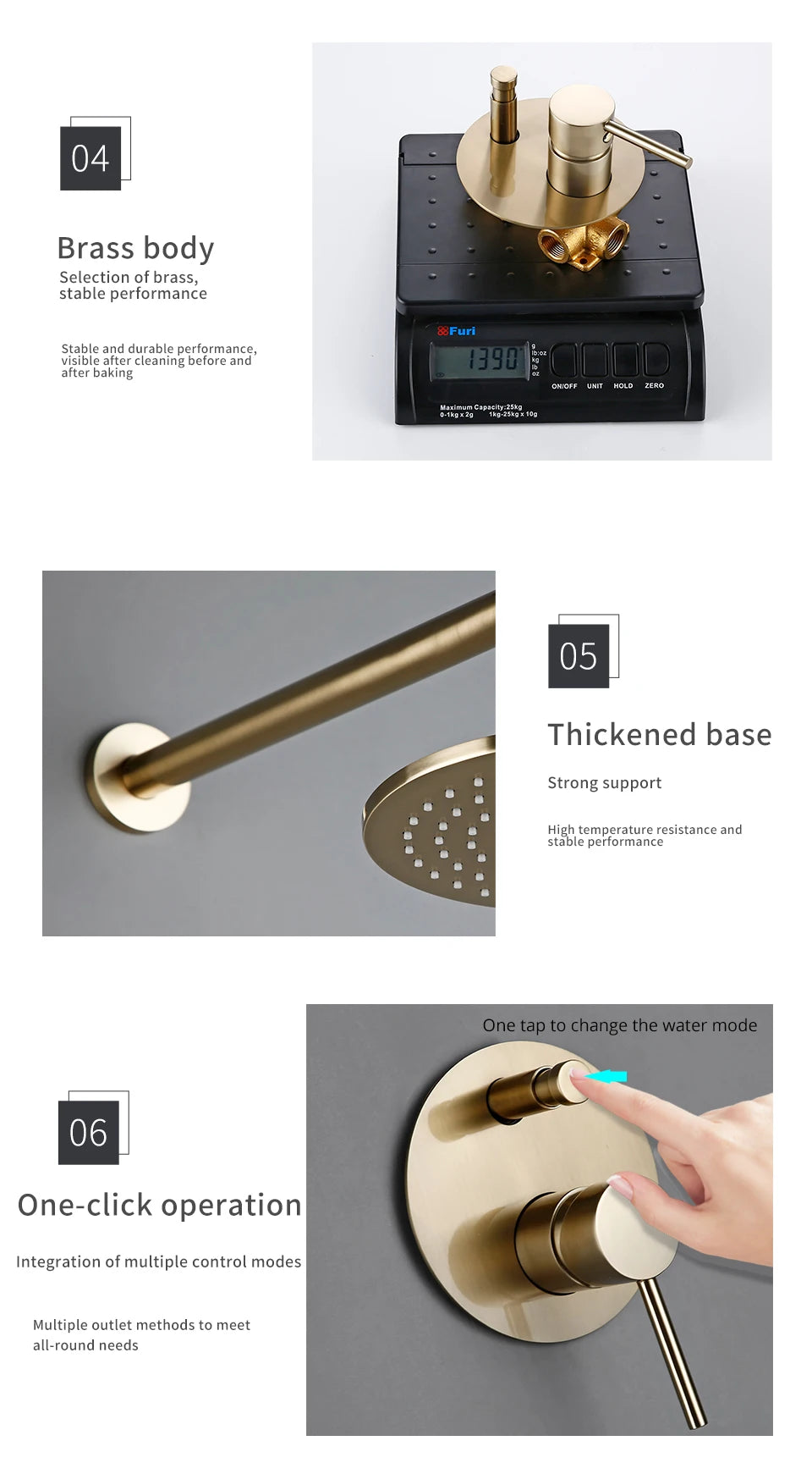 Brushed Gold Shower System Set Shower Mixer 8-12 Inch Rainfall Wall Mounted Hot And Cold Diverter Ways Bathroom Tap
