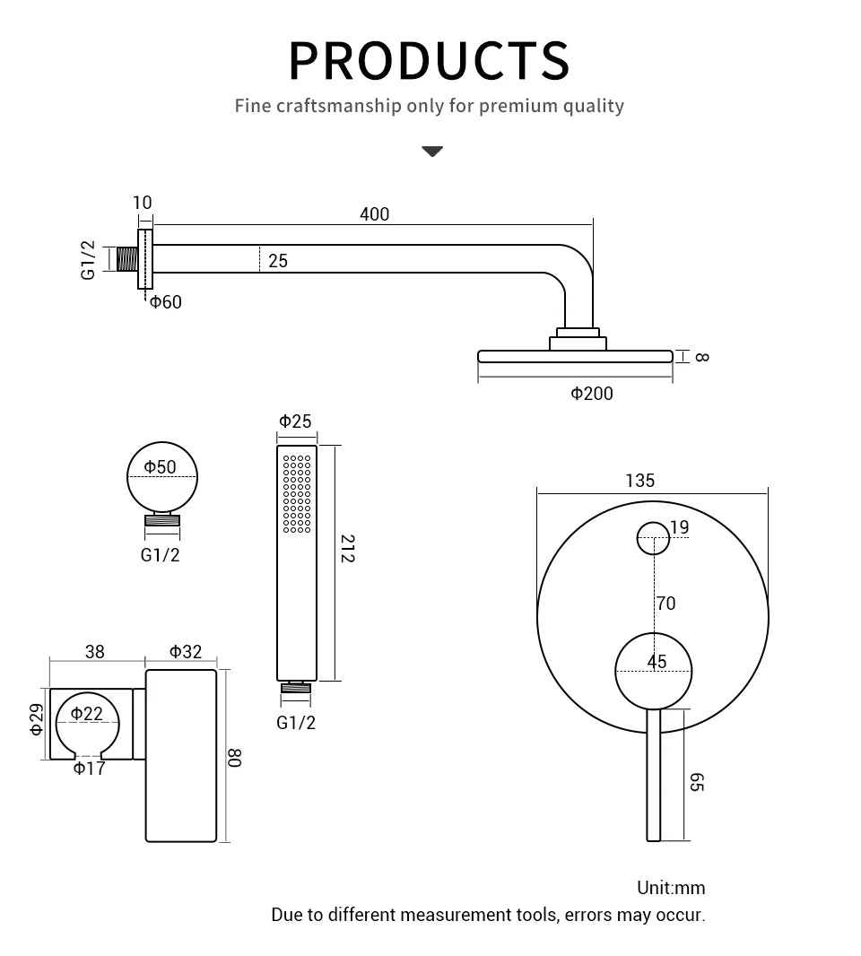 Brushed Gold Shower System Set Shower Mixer 8-12 Inch Rainfall Wall Mounted Hot And Cold Diverter Ways Bathroom Tap