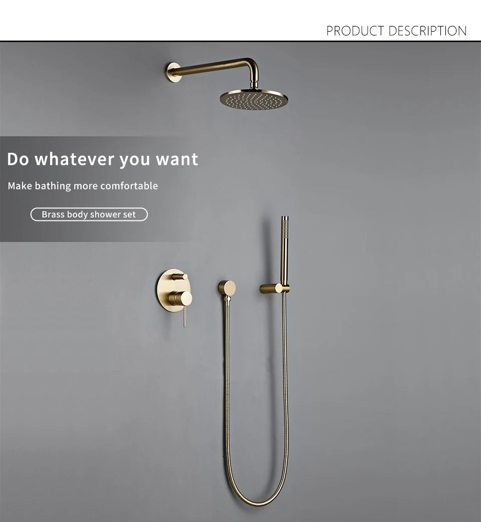 Brushed Gold Shower System Set Shower Mixer 8-12 Inch Rainfall Wall Mounted Hot And Cold Diverter Ways Bathroom Tap