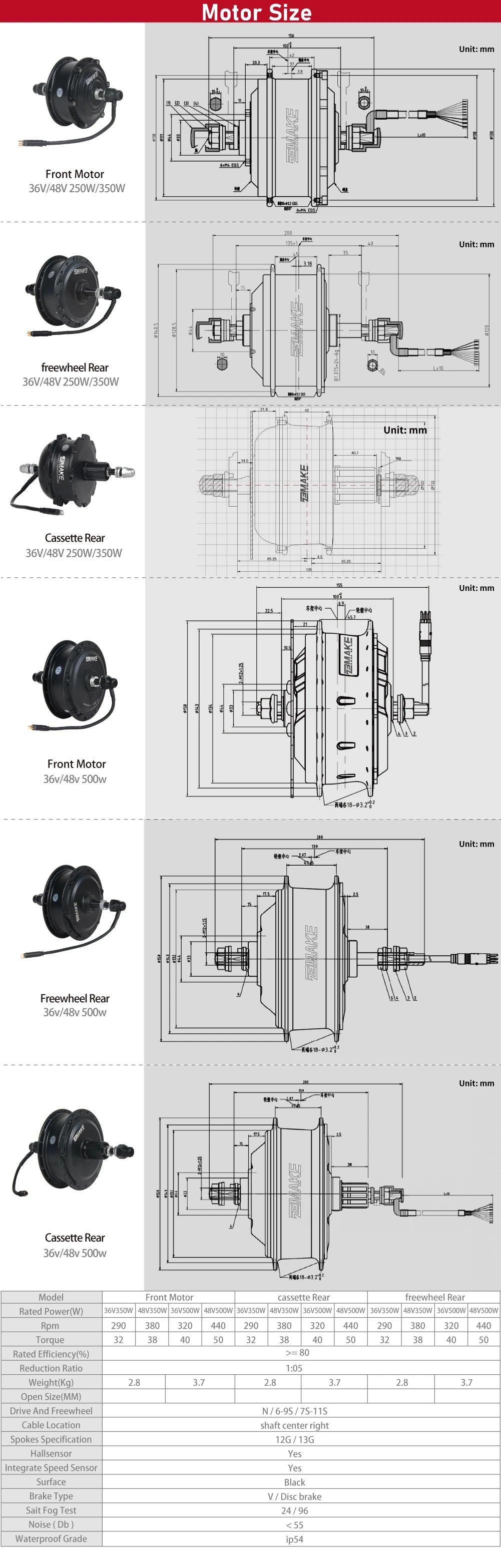 Ebike Motor Kit High Speed Brushless Gear Hub 36V 48V 350W 500W Electric Bike Conversion Front Cassette Rear With rim ZEMAKE