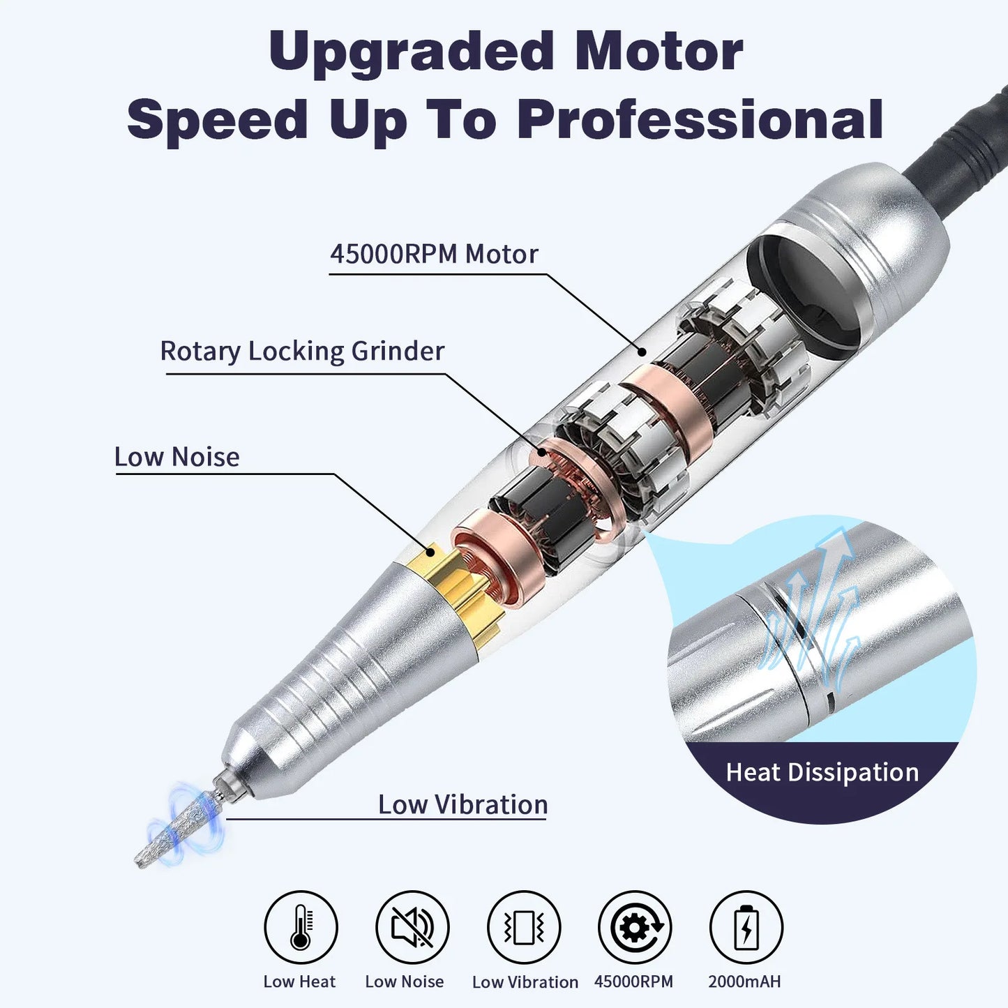 45000RPM Nail Drill Machine Kit Rechargeable Nail Sander Machine With Pause Mode Professional Electric Nail File for Manicure