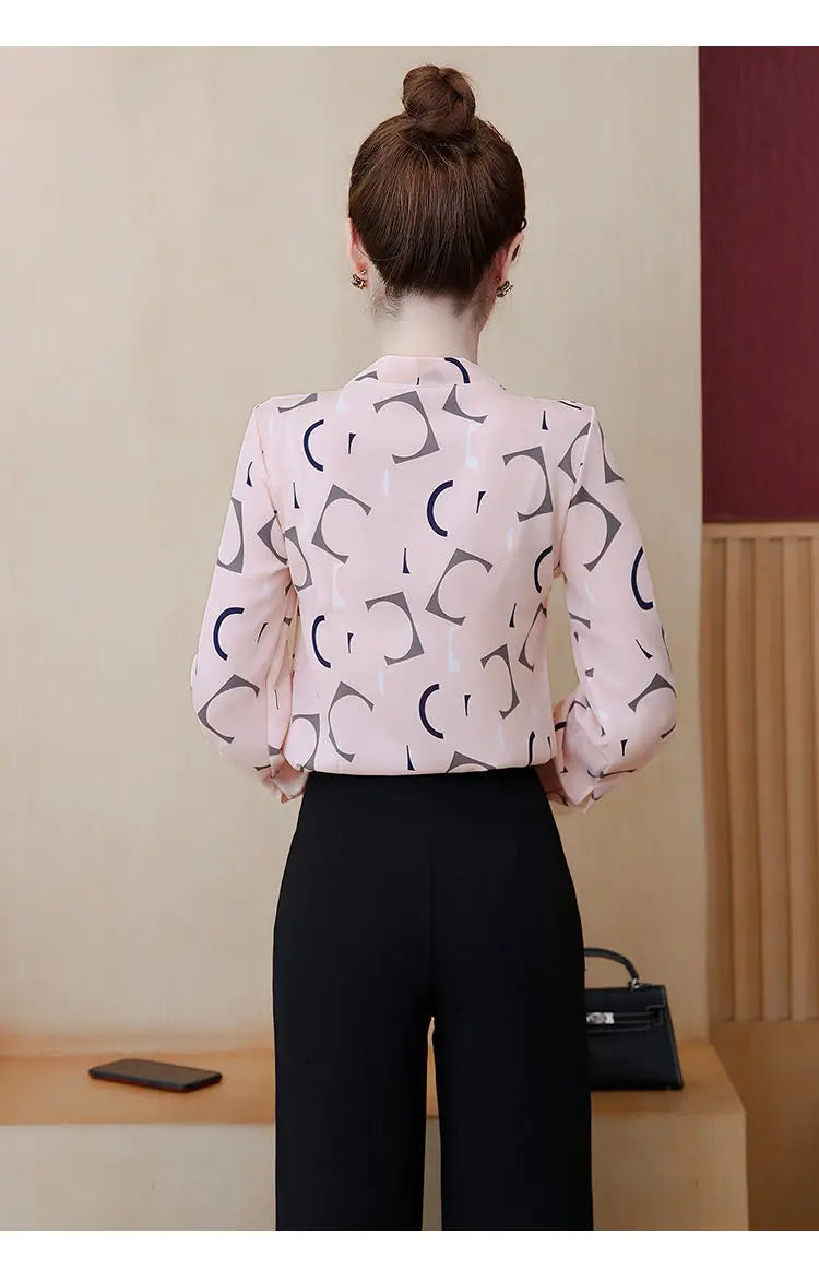 Fashion Female Elegant Bow Tie  pink Blouses Chiffon Collar Casual Shirt Office Ladies Blouse Summer Blouses for Women