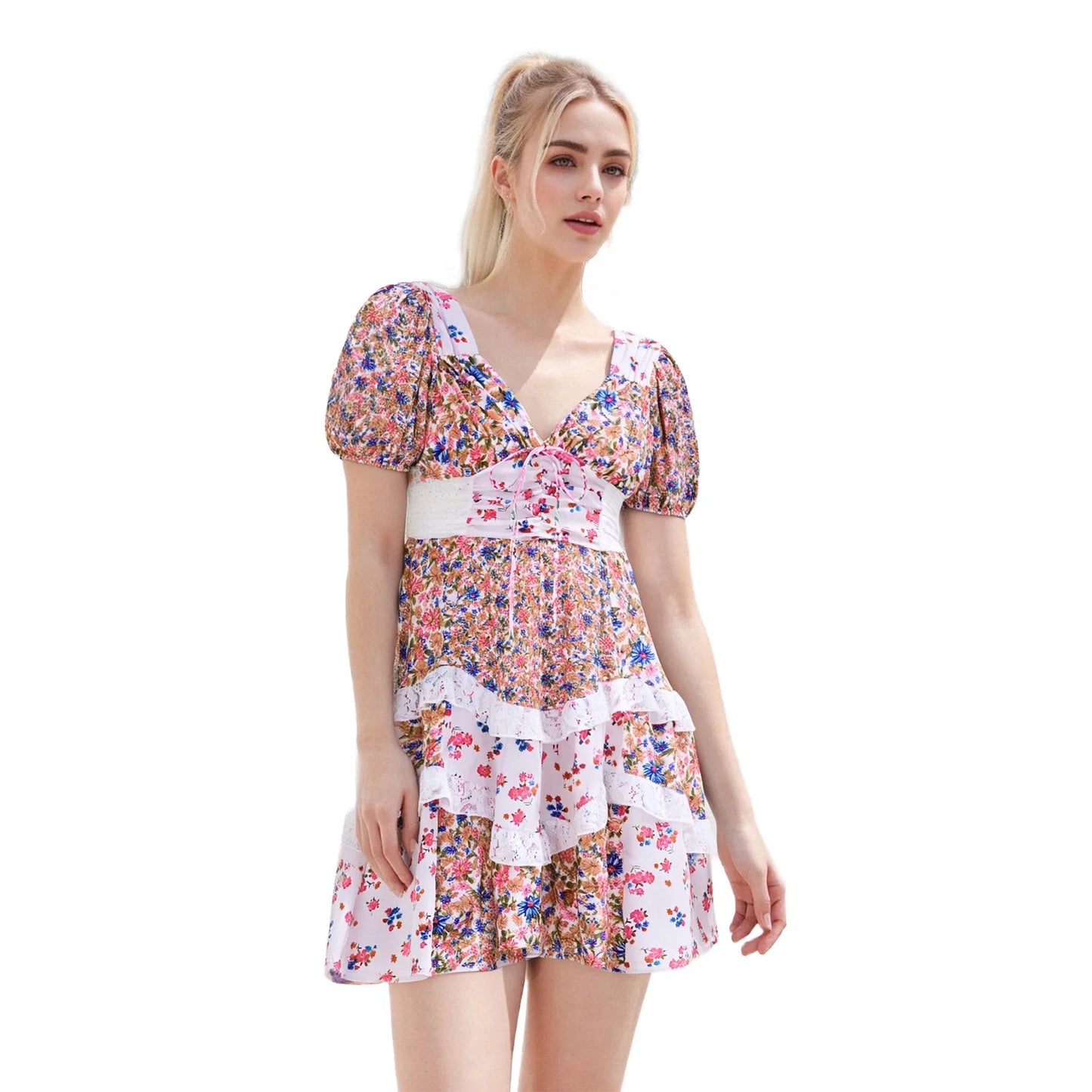 Elegant Floral Print Mini Dress with Chic Tie Bow Detail Delicate Lace Trim Flattering V Neckline and Short Sleeves Perfect