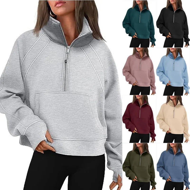 Women Sweatshirt  Stand Collar Spring Autumn Solid Color Hoodie Long Sleeve Pocket Loose Half Zip Sporty Pullover Streetwear Top