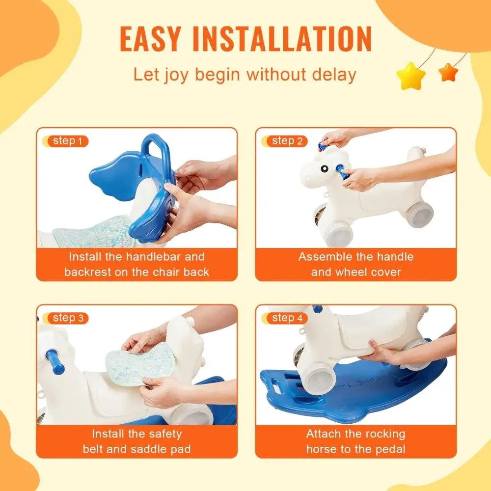 Toddler Rocking Horse for 1-3 Year Olds 4-in-1 Design Detachable Balance Board Push Handle Smooth Wheels with Sound Blue