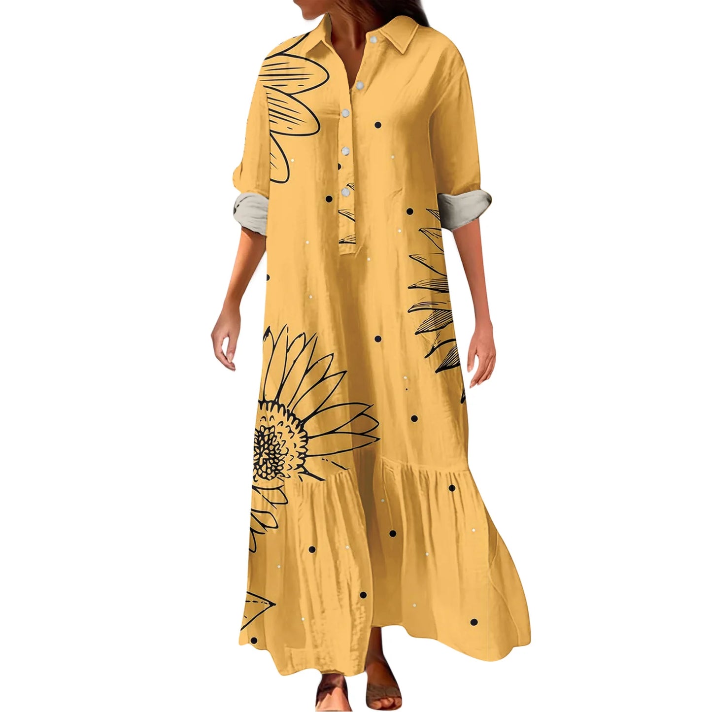 Ladies' Fashionable Temperament Autumn And Winter Button Lapel Long Sleeved Retro Printed Spring And Autumn Dress