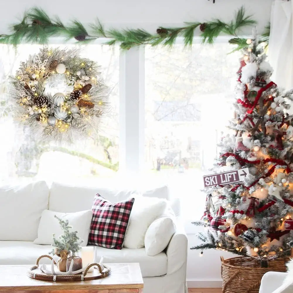 24 Flocked White Christmas Wreath with Pinecones, Berries, and Balls for Indoor/Outdoor Holiday Decor