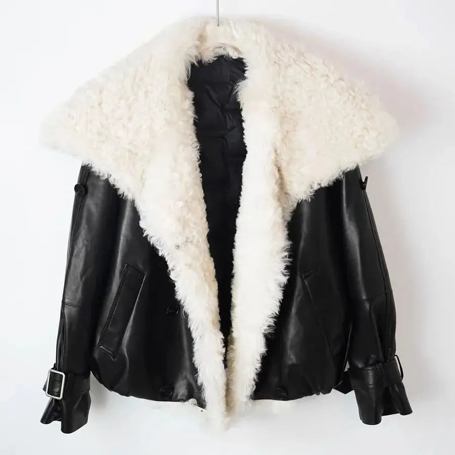 Winter in Coats & Jackets for Women 2025 Genuine Leather Jacket Female Large Wool Lapel Stylish Motorcycle Warm Short Coat With