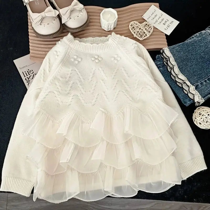 Sweaters Girls Sweater with Trendy Spring Autumn Korean Style Beautiful Lace White Top for Little Girls Princess Style 2025