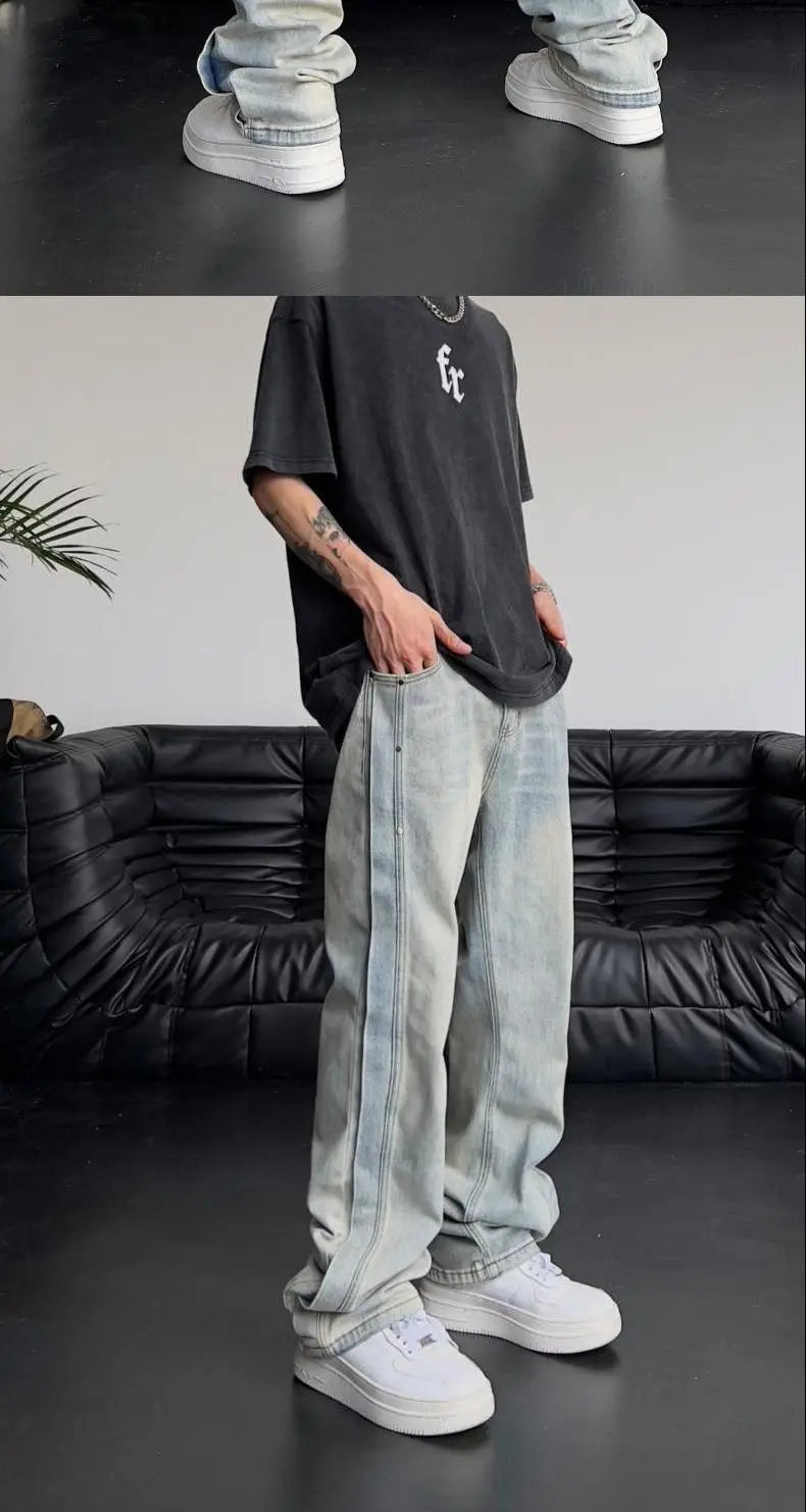 Jeans for Men Loose Light Blue Baggy Straight Man Cowboy Pants Punk Spliced Y2k Vintage Trousers 2025 Korean Autumn Trend Cotton
