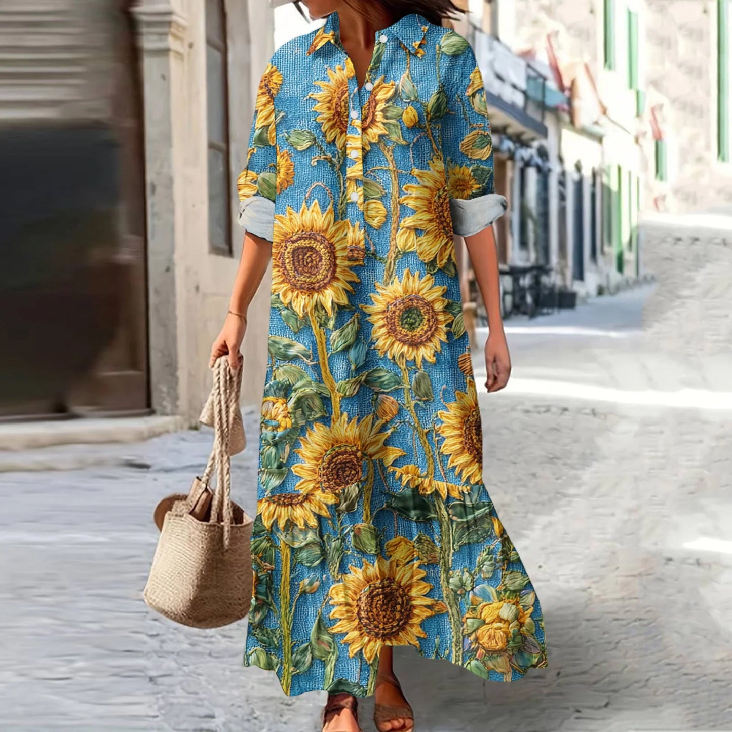 Ladies' Fashionable Temperament Autumn And Winter Button Lapel Long Sleeved Retro Printed Spring And Autumn Dress