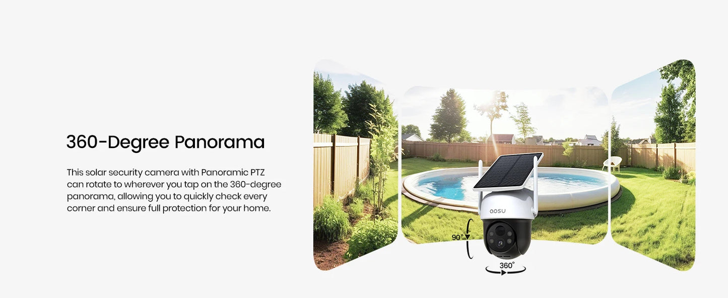 AOSU 3MP 100% Wire-Free Solar WiFi Camera 5000mAh Battery Two-way Audio Security Camera Wireless Solar Panel PTZ CCTV Camera