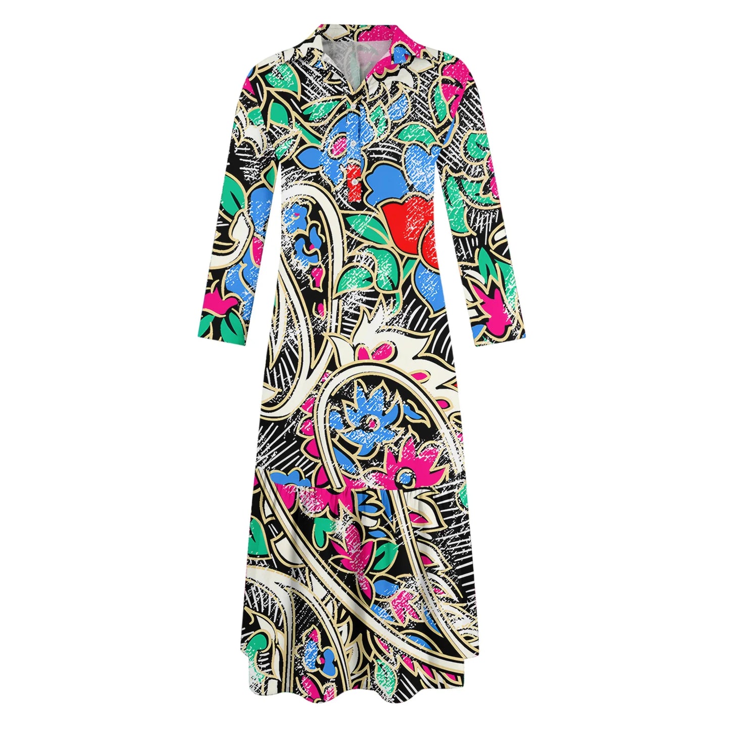Ladies' Fashionable Temperament Autumn And Winter Button Lapel Long Sleeved Retro Printed Spring And Autumn Dress
