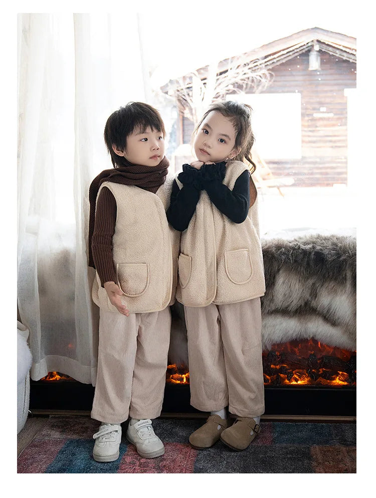 Winter Children's Outfits Kids Warm Thick Vest Coat and Knit Long Sleeve Sweater and Pants Clothes Sets Baby Girls Boys Clothing