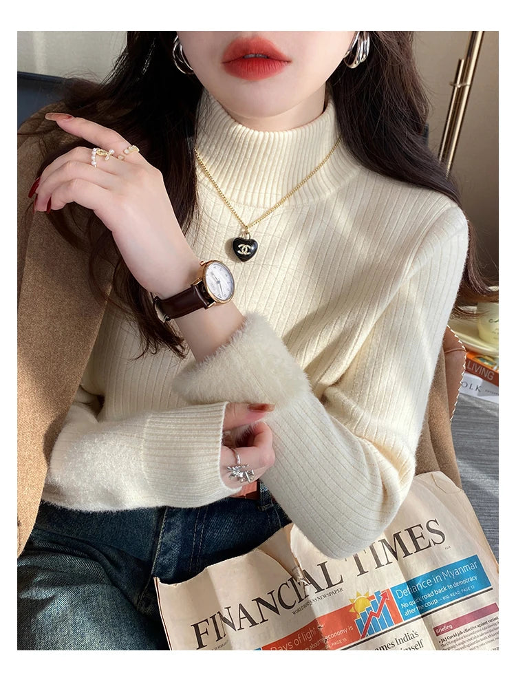 Women's Turtleneck Sweater Winter 2025 Retro with Velvet Lining Thickened Inner Wear Thermal Knitting Bottoming Shirt Pullovers
