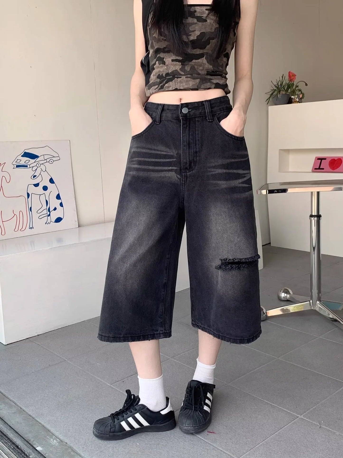Jeans Woman 7-point Pants Summer Clothes Baggy Jorts Women's Wide Pants Shoujo Girl Style Coquette Jean Shorts High Waist Jeans
