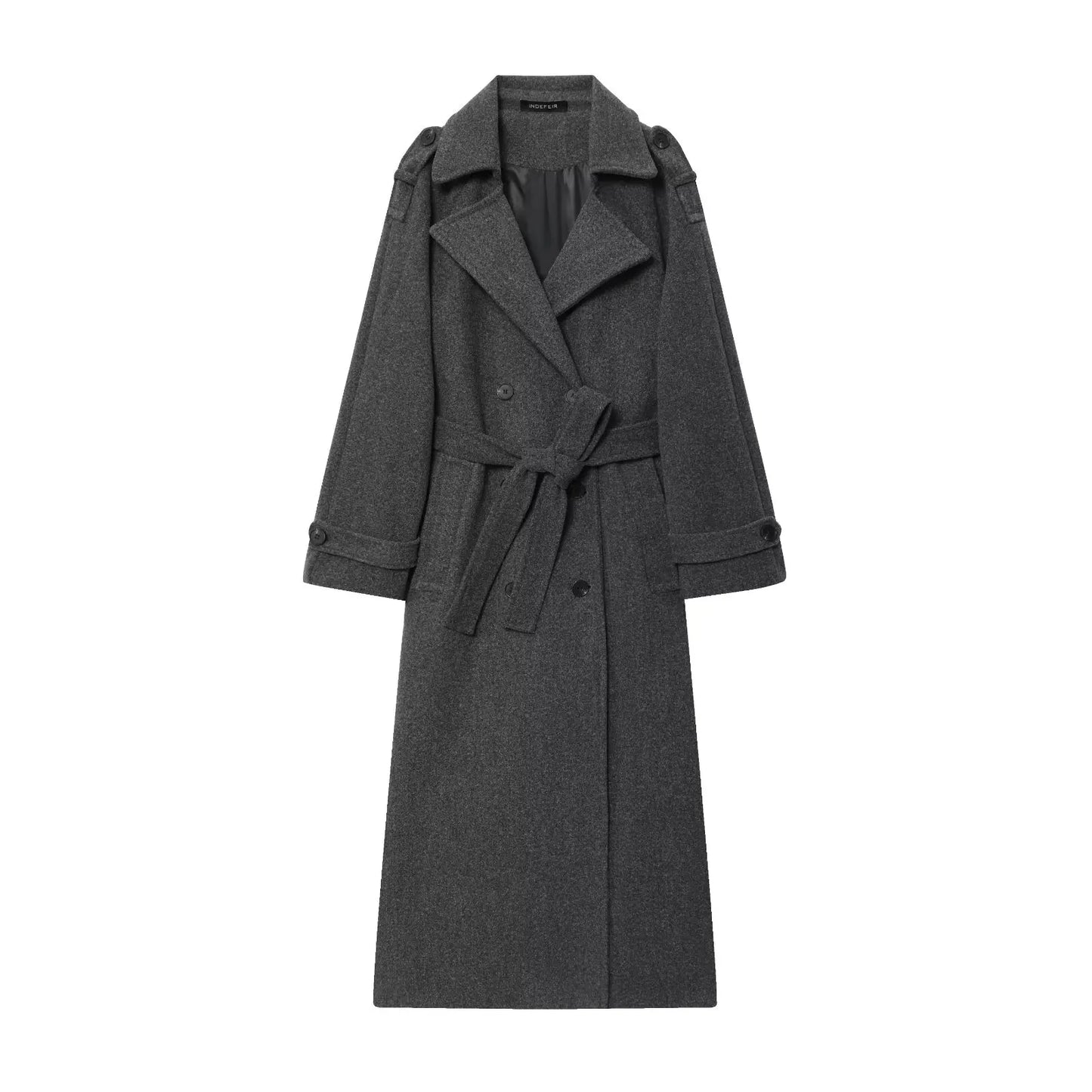 HH Winter Elegant Women Turn-Down Collar Long Coat Solid Long Sleeves Pocket Belt Double-Breasted Female Slim Windbreaker Coats