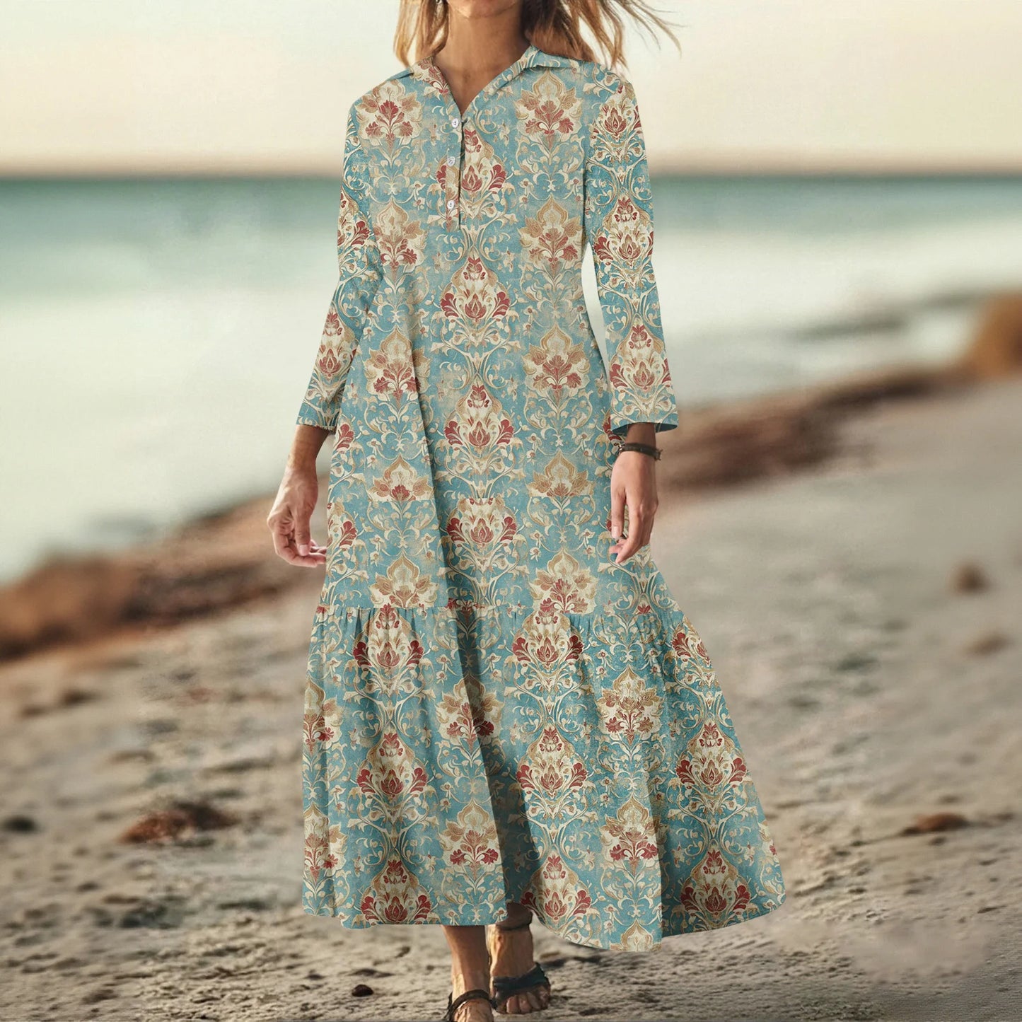 Ladies' Fashionable Temperament Autumn And Winter Button Lapel Long Sleeved Retro Printed Spring And Autumn Dress