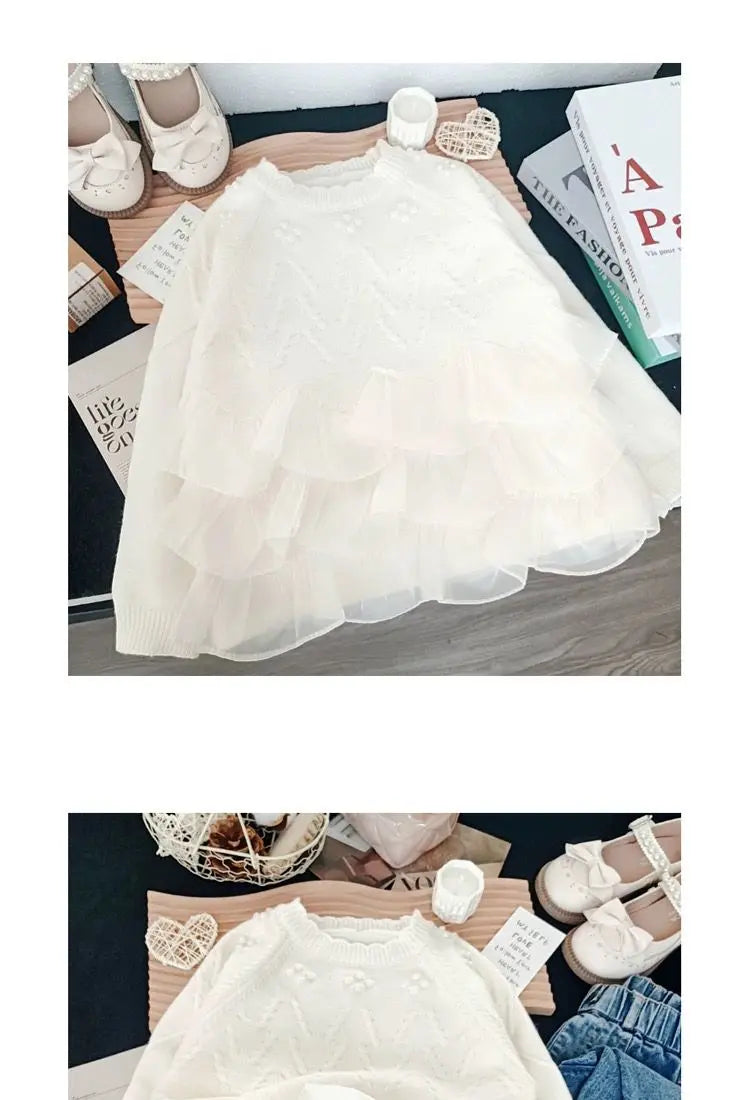 Sweaters Girls Sweater with Trendy Spring Autumn Korean Style Beautiful Lace White Top for Little Girls Princess Style 2025
