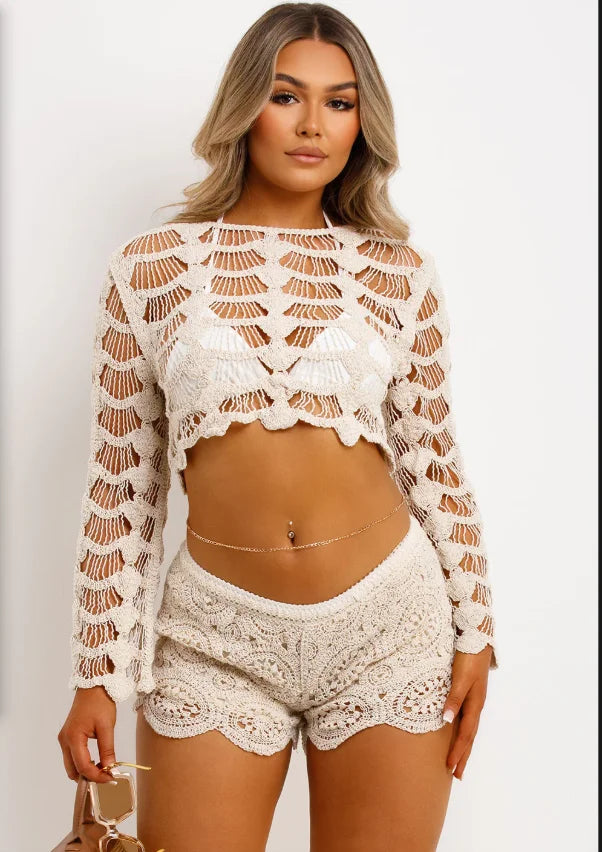 Pullovers Autumn Solid Hollow Out Knitted Tops Casual Long Sleeve O-neck Commute Blouse Fashion Lady See-through Vacation Shirts
