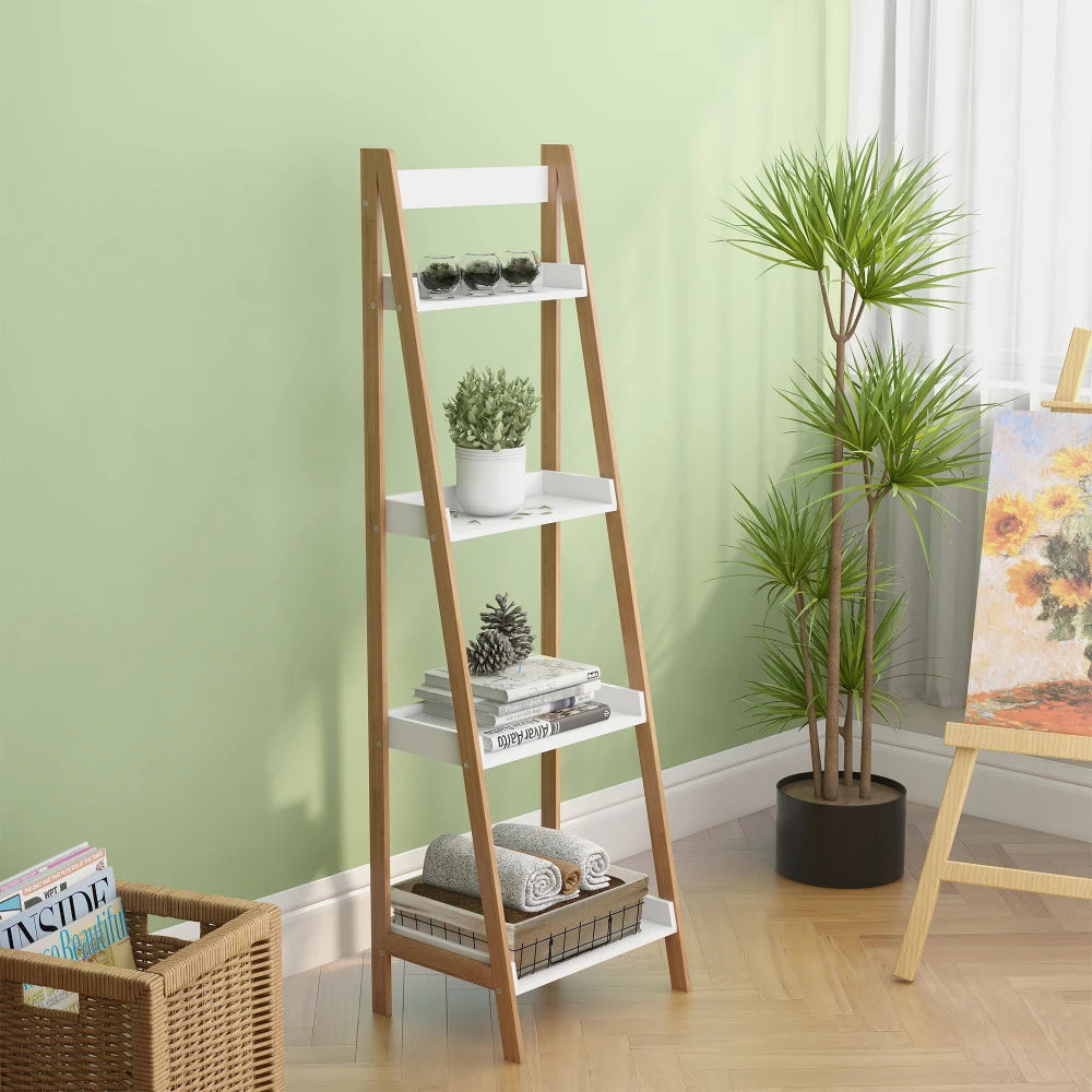 Solid Bamboo Wood Oxford “A”frame Ladder Display Bookshelf Warehouse Supermarket Kitchen Shelves Living Walnut 4 Tier Bookshelf