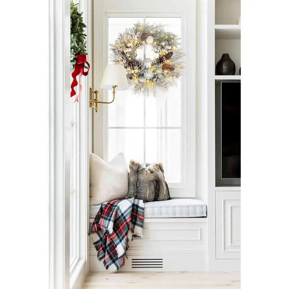 24 Flocked White Christmas Wreath with Pinecones, Berries, and Balls for Indoor/Outdoor Holiday Decor