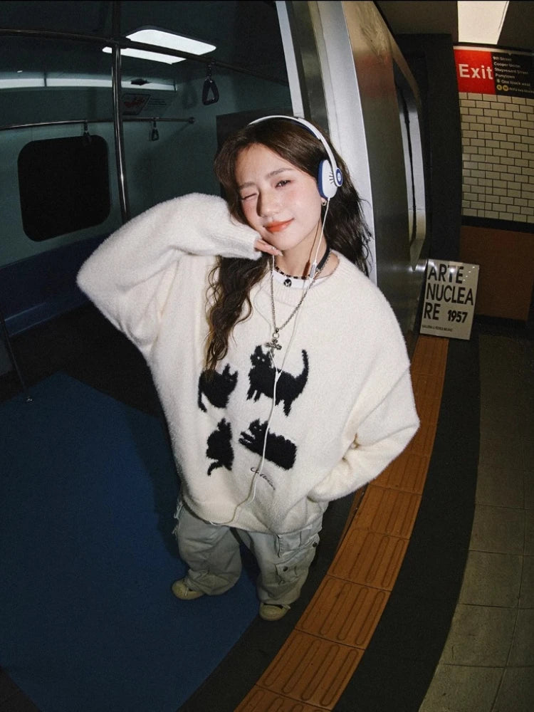 Pullovers Women Cartoon Trendy All-match O-neck Lazy Style Autumn Winter Imitation Mink-fleece Knitted Cozy Chic Ins Sweaters
