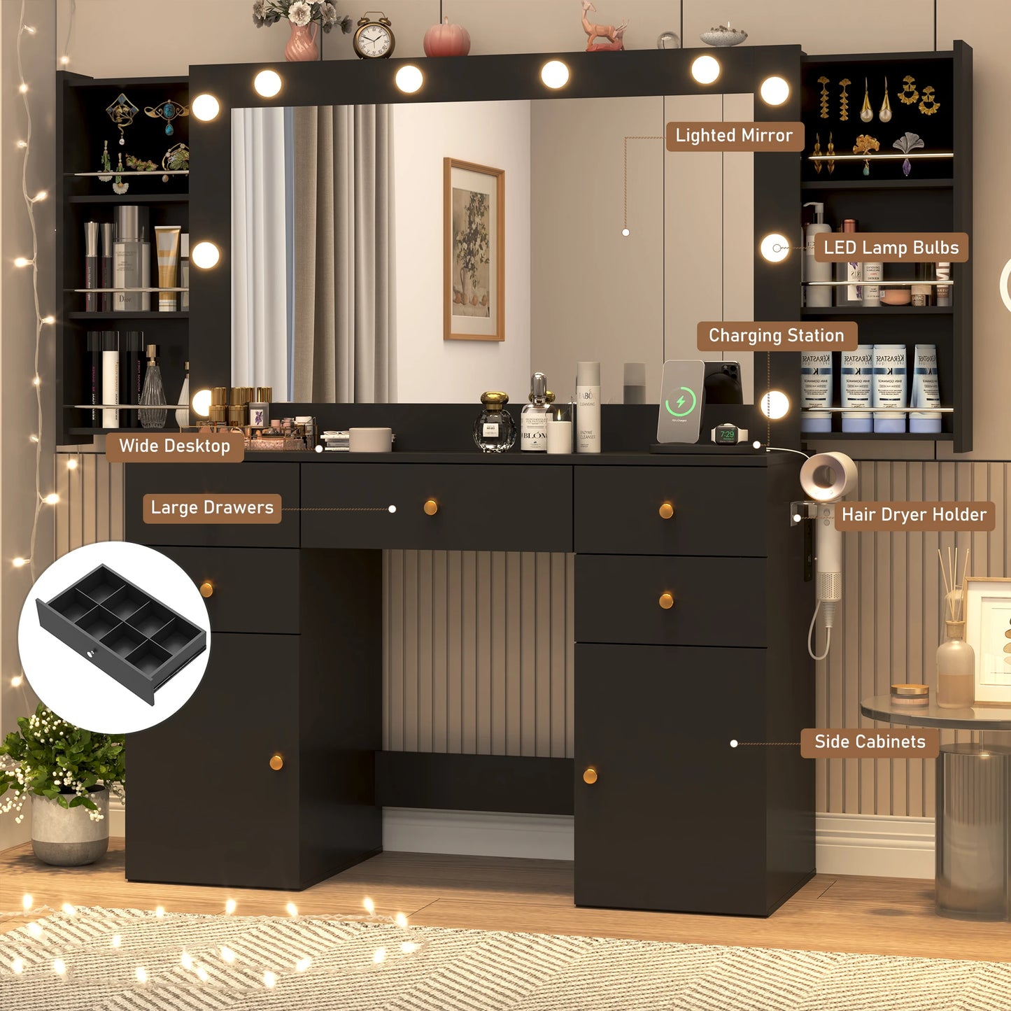 Large Vanity Desk with Lighted Mirror, Glass Top Makeup Vanity Table Set with 5 Drawers & 2 Cabinets & Stool, Power Outlet