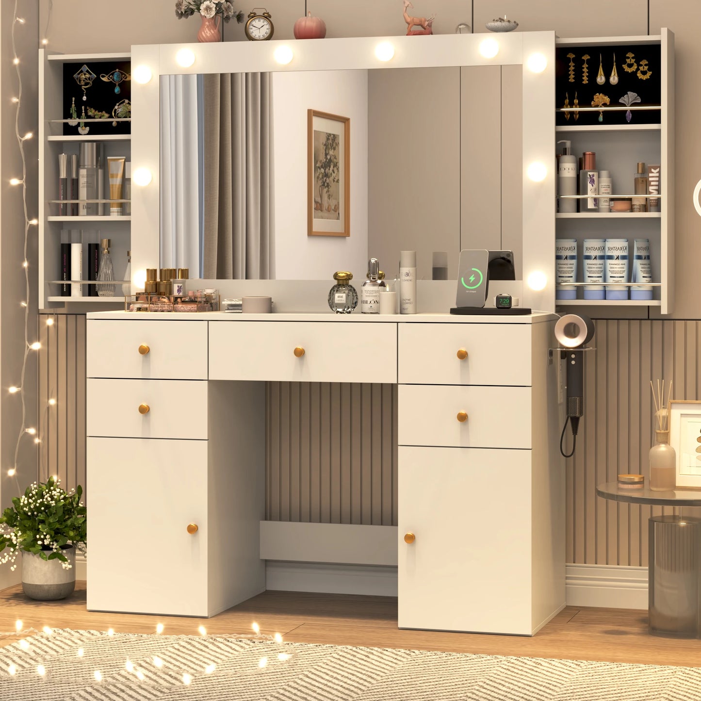 Large Vanity Desk with Lighted Mirror, Glass Top Makeup Vanity Table Set with 5 Drawers & 2 Cabinets & Stool, Power Outlet