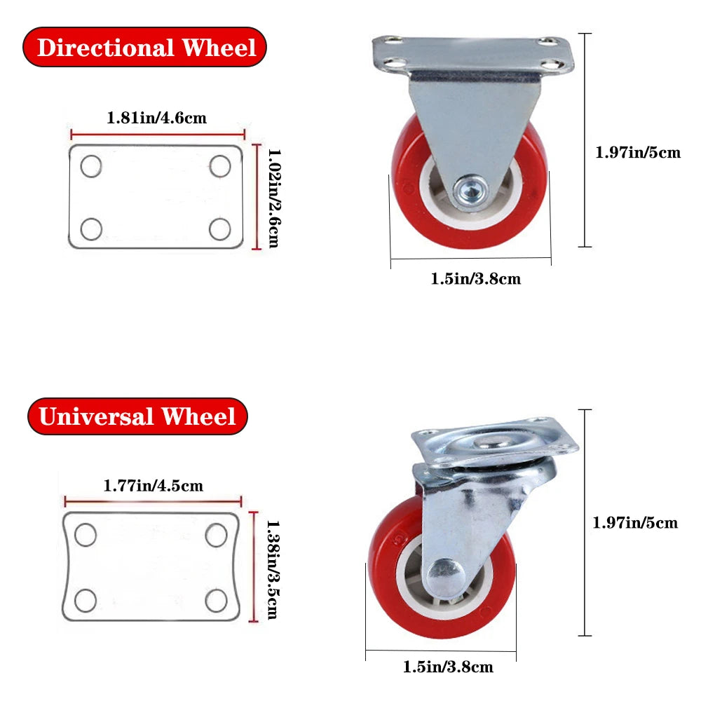 2 ⁄ 4 quiet small casters, universal wheels, 1.97 "rotating casters, red fixed wheels, for wheelbarrows, furniture project carts