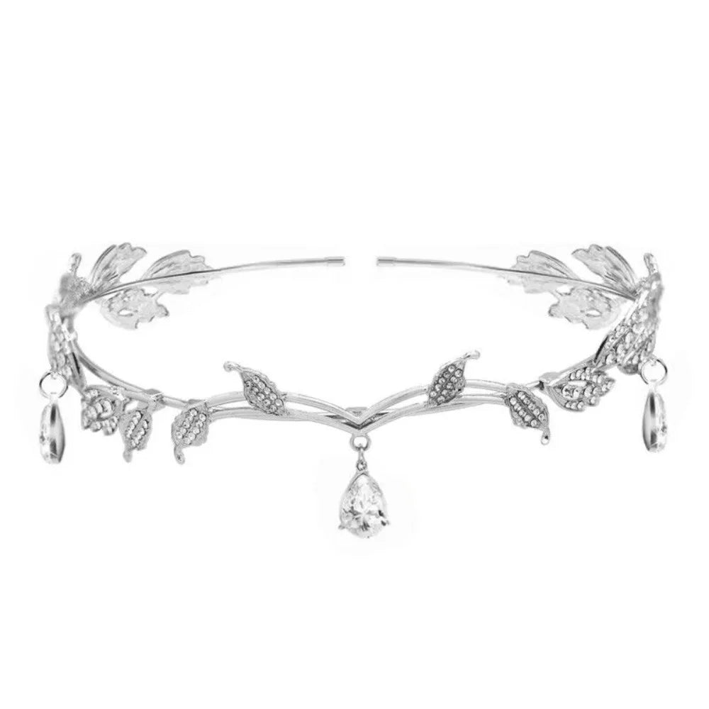 Rhinestone Leaf Wedding Tiara Headband for Brides, Silver Crown Headband for Pageants Wedding Prom Birthday