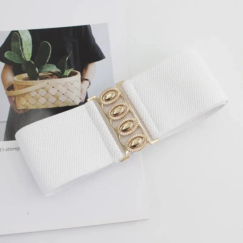 Women Belt Fashion Elastic Waist Cover Golden Buckle Elastic Waist Closure Versatile Wide Belt Paired With Dress Coat Lady Belts
