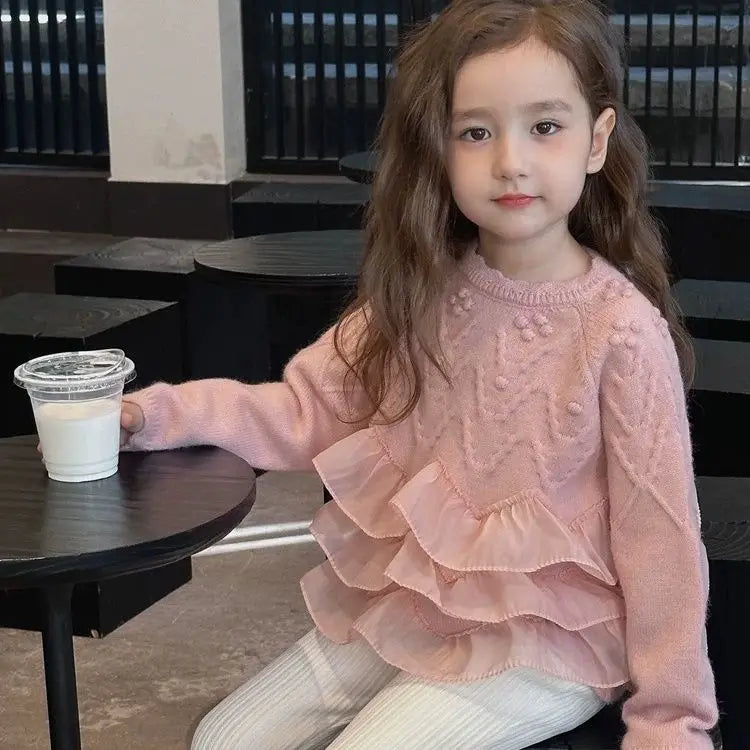 Sweaters Girls Sweater with Trendy Spring Autumn Korean Style Beautiful Lace White Top for Little Girls Princess Style 2025