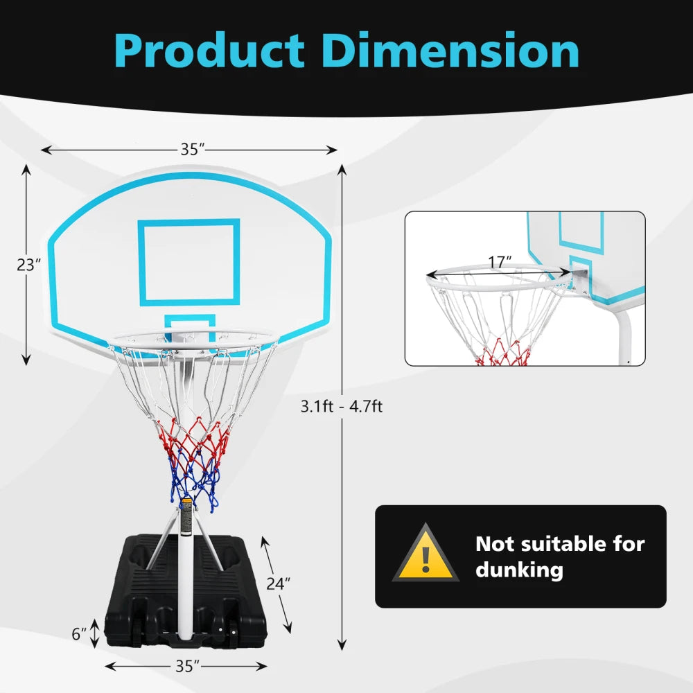 Poolside Basketball Hoop Portable Swimming Pool Basketball System Height Adjustable 3.1ft-4.7ft 36" Backboard Indoor Outdoor Use
