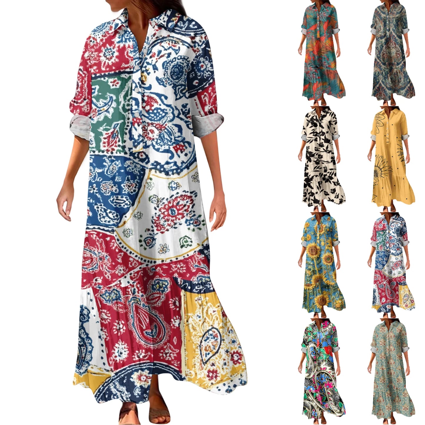 Ladies' Fashionable Temperament Autumn And Winter Button Lapel Long Sleeved Retro Printed Spring And Autumn Dress