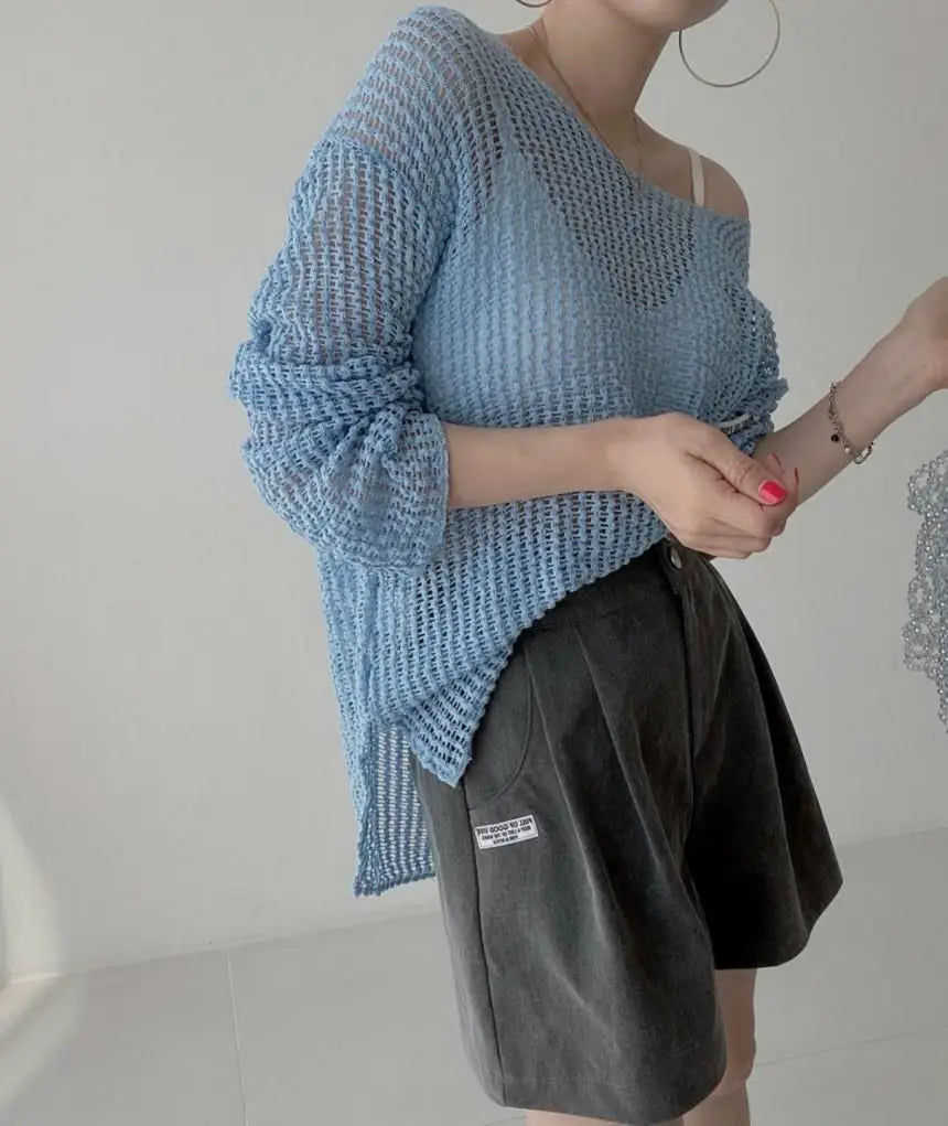 Hollow Out Pullovers Women Baggy O-neck Clothing Spring Casual Simple Elegant Vintage See-through Streetwear Lady Ulzzang Tender