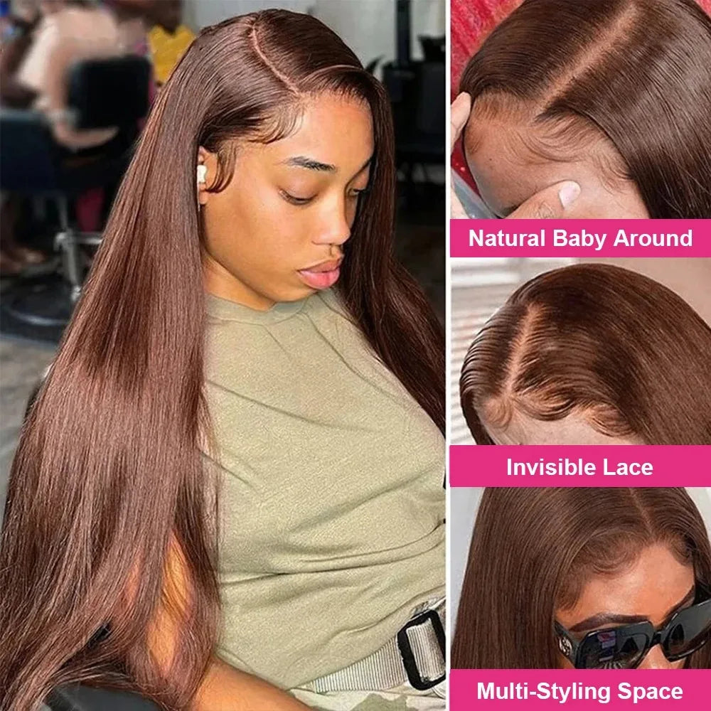 Chocolate Brown Colored Straight Lace Closure Wigs 4x4 Lace Closure Human Hair Wigs 200 Density Lace Wigs Baby Hair For Women